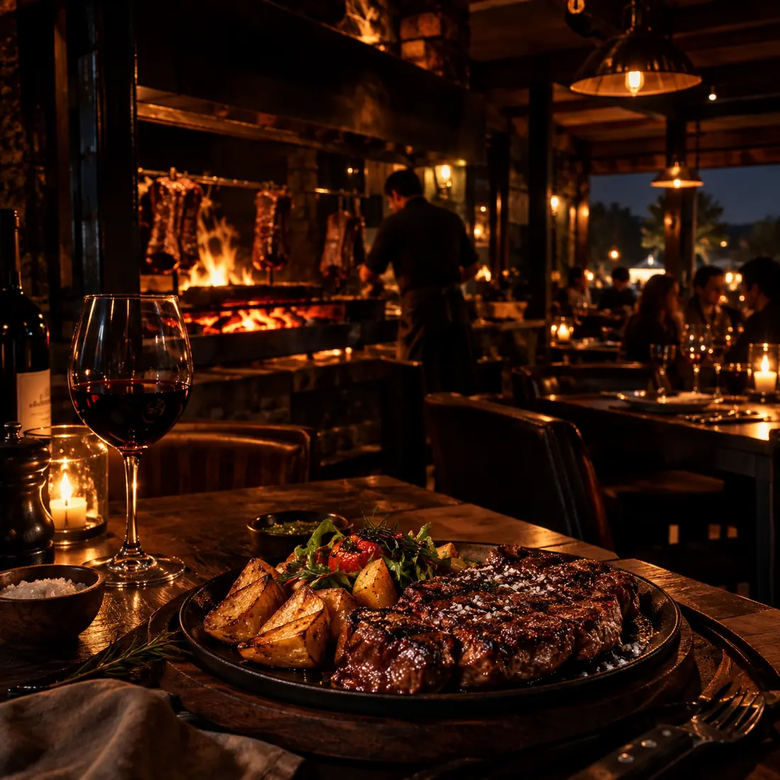 Mesa con carne a las brasas y vino, con el asador encendido al fondo